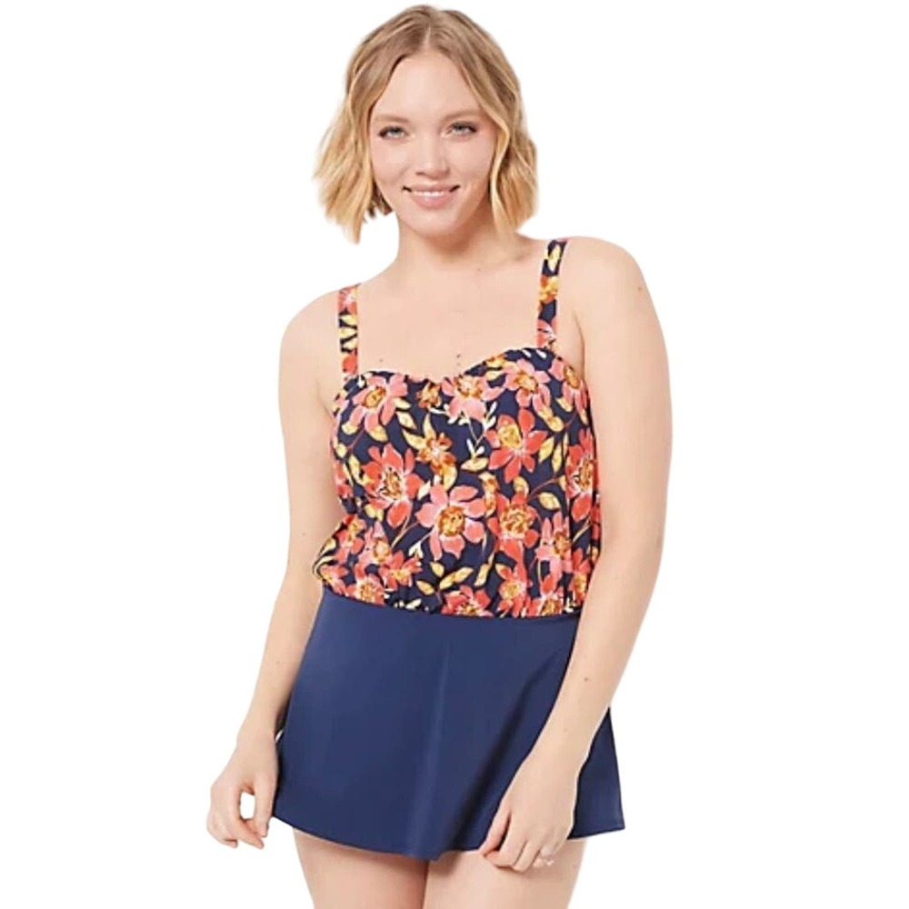 Denim & Co. Beach Sweetheart Neck Blouson Swim Dress NAVY FLORAL NWOT SIZE 12